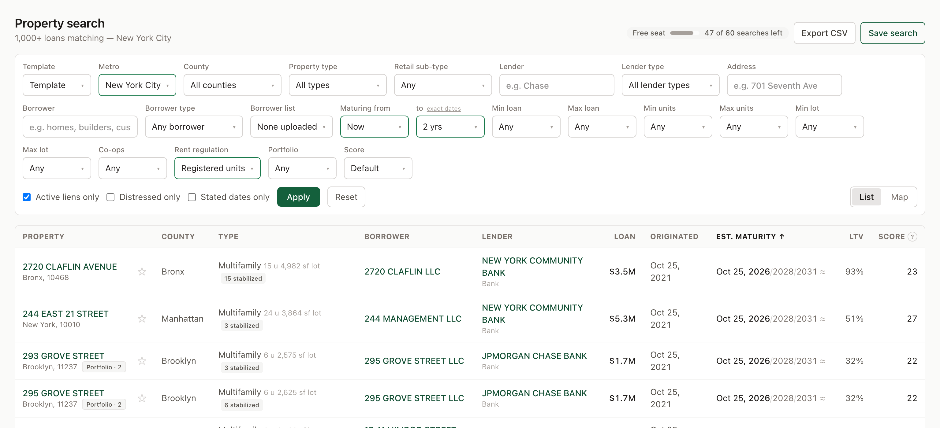 The Circlemark search page for New York City with Rent regulation set to Registered units and Maturing from Now to 2 yrs: a Free seat badge, the full filter bar, and the first rows — Bronx, Manhattan and Brooklyn multifamily loans from New York Community Bank and JPMorgan Chase, each type cell carrying a chip such as 15 stabilized or 3 stabilized, maturities reading Oct 25, 2026/2028/2031 ≈